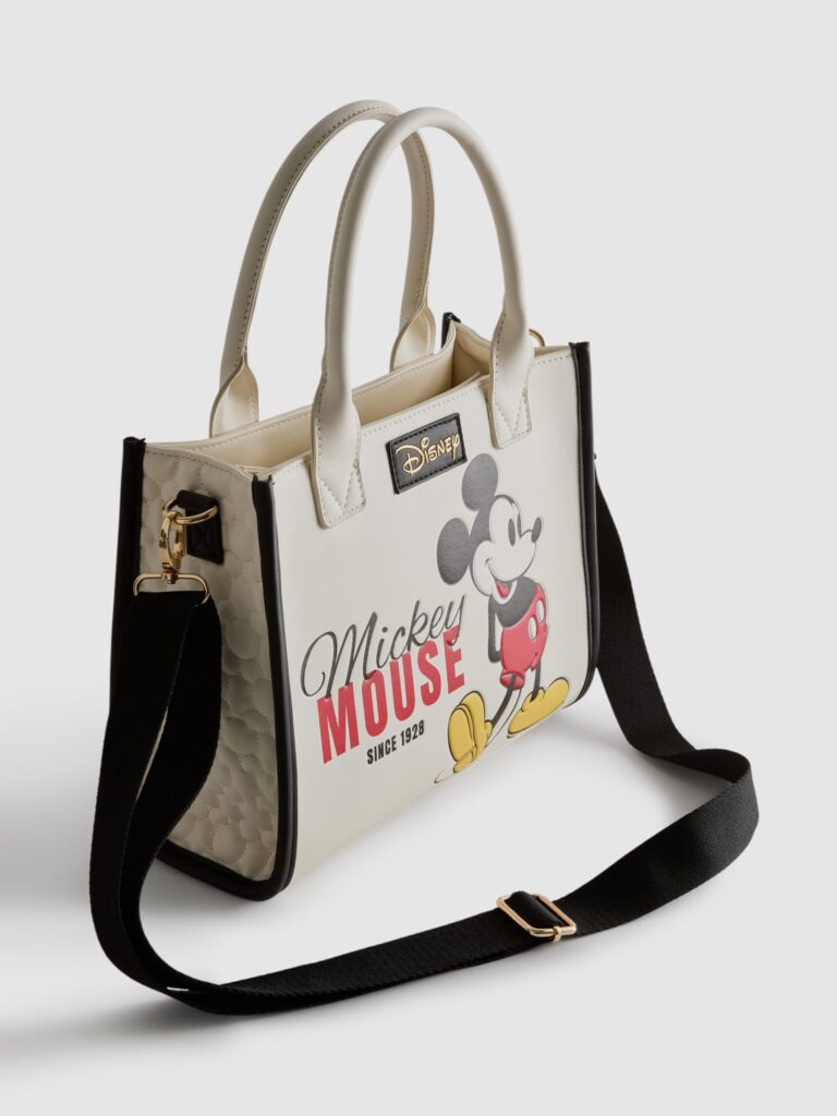 Bolso tote de Mickey Mouse, color crema, con ribetes negros y correa ajustable